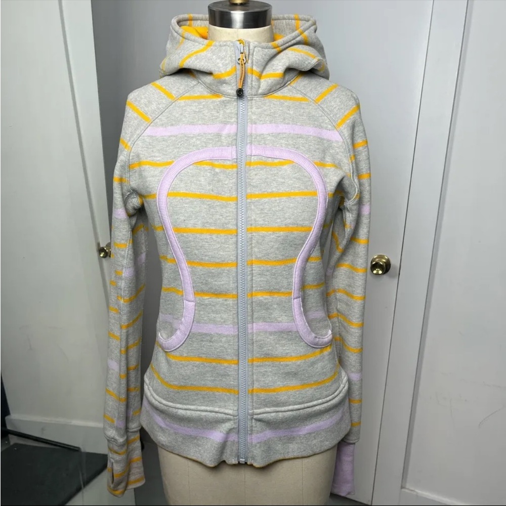 LULULEMON SCUBA HOODIE II-POP STRIPE HEATHERED GREY/BANANARAMA/PRETTY PURPLE-8 - Picture 2 of 9
